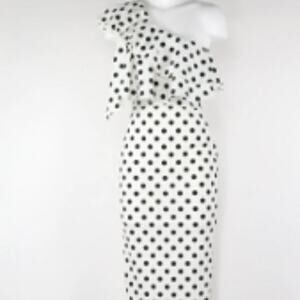 Missguided Polka Dot One Shoulder Ruffle Midi Dress White Black 6